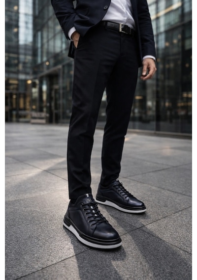 Muggo Reid Hakiki Deri Erkek Kalın Taban Bağcıklı Günlük Casual Sneaker Lacivert