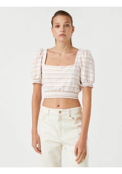 Koton Crop Bluz Beli Lastikli Turuncu Çizgili 2sak60288cw 2SAK60288CW2S0