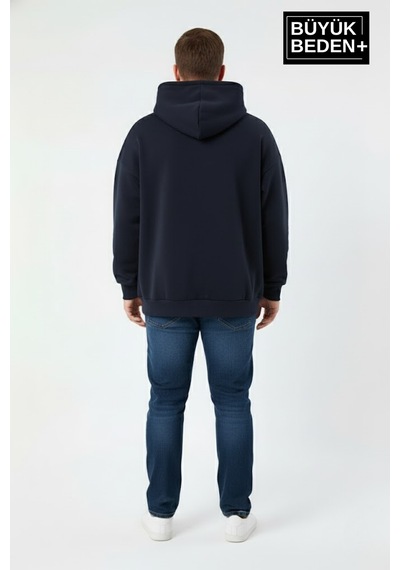 Süperlife Erkek Büyük Beden Ar Baskılı Kapüşonlu İnce Sweatshirt Spr26bsw963 Lacivert