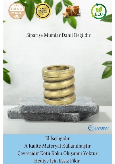 Eskitme Mumluk Şamdan 3 Adet Tealight Ve İnce Mum Uyumlu Spiral Model - Altın Eskitme
