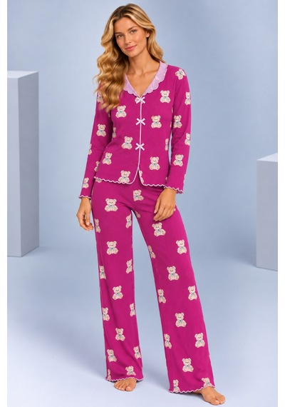 Pijamask Kadın Desenli Fiyonk Detaylı Düğmeli Uzun Kollu Müslin Pijama Takımı Fuşya-9