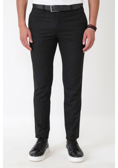 Slim Fit Yan Cepli Esnek Yünlü Siyah Çizgili Pantolon P 1236
