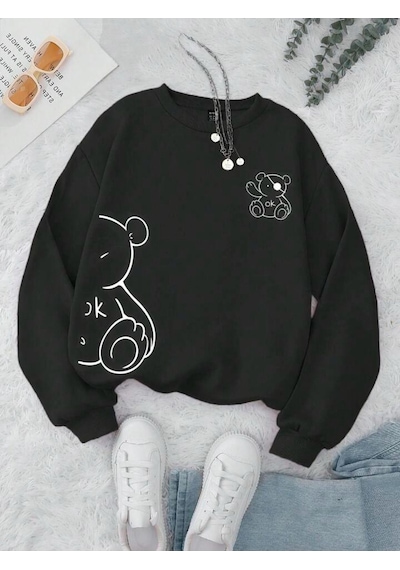 Ok Bear Sweatshirt - Siyah Baskılı Oversize Kalın Kışlık Bisiklet Yaka Siyah