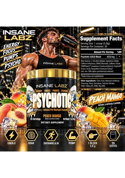 Insane Labz Psychotic Gold Preworkout Beta Alanine, Dmae Bitartrate, No Booster 35 Servis - Peach Ma Aromalı