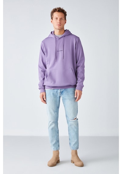 Grımelange Epıc Erkek Yumusaçık Kumaşlı Kapüşonlu Kordonlu Regular Fit Nakışlı Mor Sweatshirt