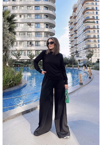 Kadın Siyah Yuvarlak Yaka Sweatshirt & Bol Paça Beli Lastikli Pantolon - Rahat Alt & Üst Takım Siyah