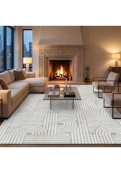 Açık Gri Modern Geometrik Desenli Dijital Baskılı Kaymaz Tabanlı Yıkanabilir Antibakteriyel Halı Açık Gri