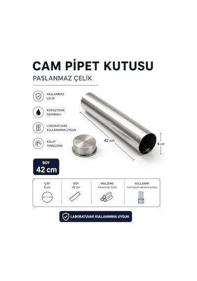 Cam Pipet Kutusu 8 Cm Boy 42 Cm Paslanmaz Çelik
