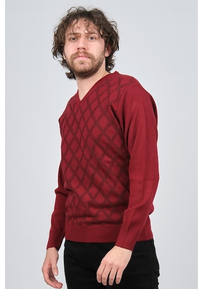 Pave Erkek V Yaka Desenli Yün Kazak 4539072 Bordo Bordo