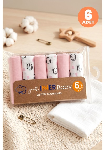 Just Inner Kız Bebek 6'lı Pamuklu Ağız Mendili Penguen Desenli Kutulu Set Nefes Alan Doku 684201 Renkli