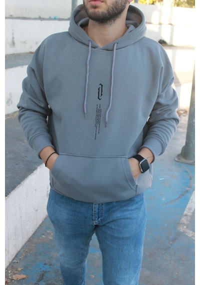 Altamira Unisex Göğüs Dikey Baskılı Kapşonlu Oversize Sweatshirt 001