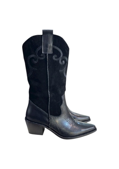 Tufan Shoes Siyah Hakiki Deri Ve Süet İşleme Detaylı Western Çizme Siyah