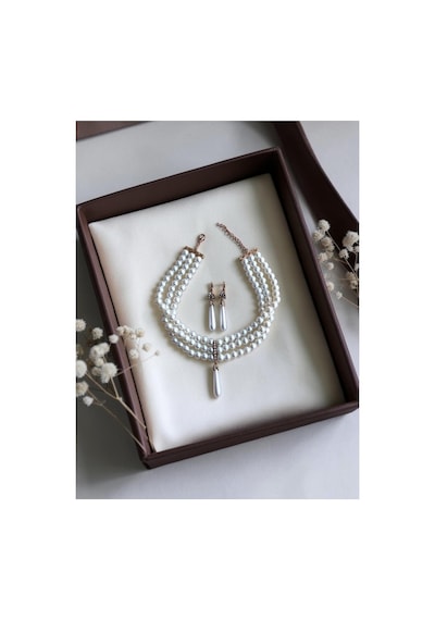 Kristal Taşlı Üç Sıra İnci Tasma Kolye Ve İnci Küpe Seti Beyaz 71258148