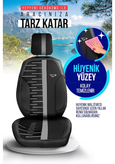 Siyah - Gri Panda Camila Serisi Velucantra Kumaş Oto Koltuk Kılıfı - Tam Set