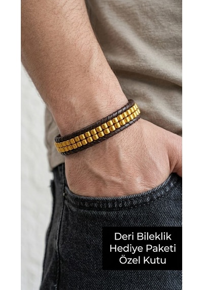 Aurex Gilded Deri Bileklik Altın Ton Boncuklu Örgü Erkek Aksesuarı Çok Renkli