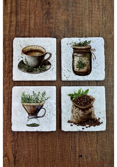 Doğal Taş Bardak Altlığı - Kahve Temalı 10x10cm Stone Coasters Çok Renkli