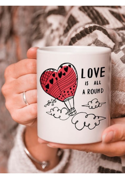 Uçan Balon Vektörel Çizimli Love Is All A Round Yazılı Logo Baskılı Kupa Bardak Çok Renkli