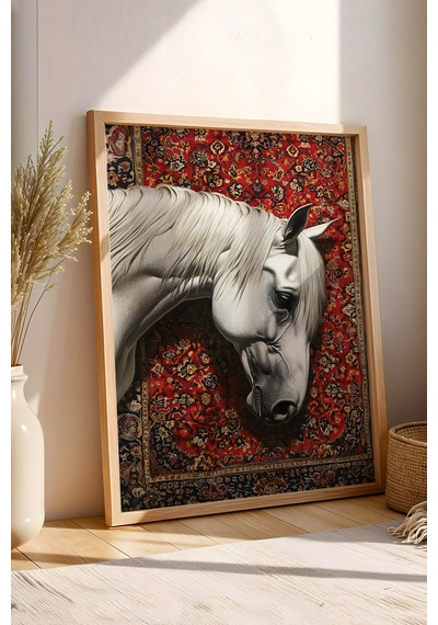 Beyaz At Ve Geleneksel Kilim Desenli Çerçeveli Tablo - Ramazan Özel Seri Etnik Duvar Dekoru Kayın