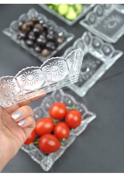 6'lı Cam Kase Çerezlik Kahvaltılık Dikdörtgen Sunumluk-13x10x4cm