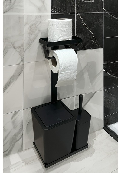 3'ü 1 Arada Banyo Seti Tuvalet Kağıtlık, Çöp Kovası Ve Tuvalet Fırça Takımı Mat Siyah