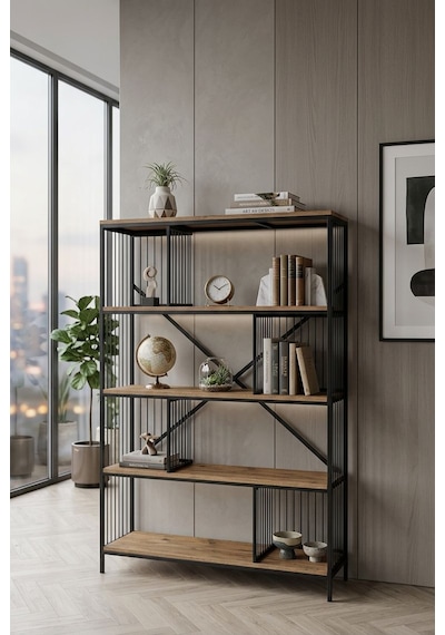 Dekoratif Lüx 5 Raflı Kitaplık Geniş Metal Kitaplık Dosya Rafı Ofis Salon Raf Ceviz Dekoratif Lüx 5 Raflı Kitaplık Geniş Metal Kitaplık Dosya Rafı Ofis Salon Raf Ceviz