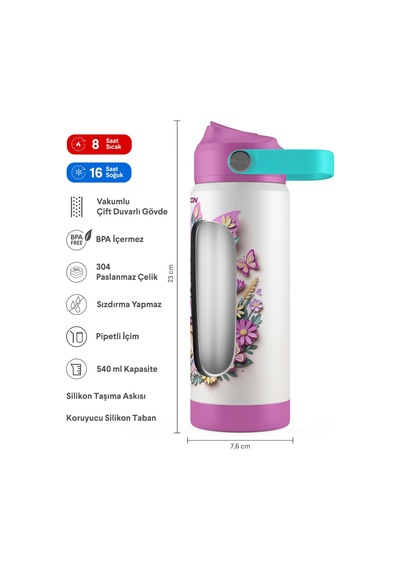 Puccon 540 Ml Sevimli Peri Kız Baskılı Mor Kız Çocuk Pipetli Çelik Termos Matara/suluk - 60059