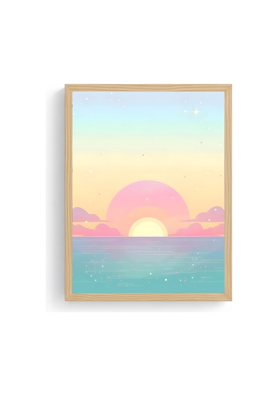 Doğal Ahşap Çerçeveli Retro Tablo - Pastel Tonlarda Gün Batımı Deniz Manzarası Huhu2510