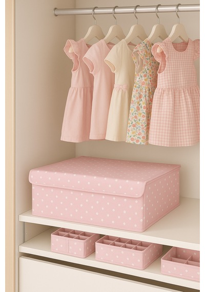 Serstil Sert Karton Pembe Puantiyeli Kapaklı Baza Altı Kutu Hurç Organizer Pembe Puantiye