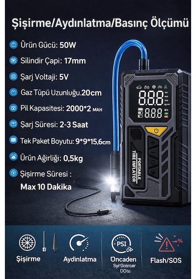 Şarjlı Araç Kompresörü 50w Dijital Basınç Ölçer & Led Işıklı Taşınabilir Hava Pompası