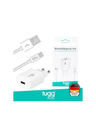 Tugg Germany 104302 18W Isı Ve Akım Korumalı Hızlı Sarj Usb + Type-c Kablolu Akıllı Şarj Başlık Seti Beyaz