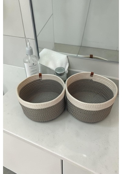 El Yapımı Dekoratif Örgülü Model Banyo Seti 2 Li Paspas 50x80 Ve 40x60 + 2 Organizer Sepet 18x18 Cm Gri