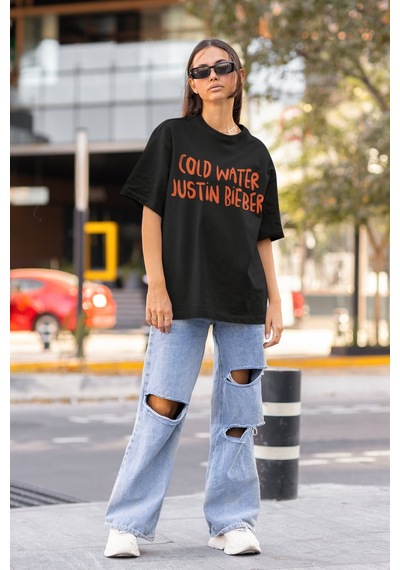 Sevbano Cold Water Justin Bieber Sırt Baskılı Unisex Oversize Şarkıcı Tiş Siyah
