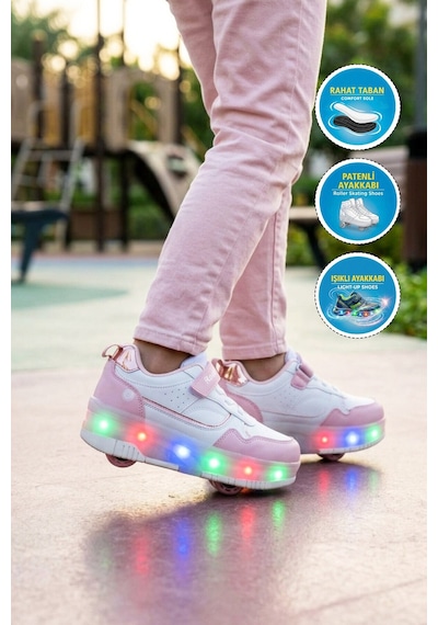 Pudra-beyaz Cırtlı Ortopedik Işıklı Kız Çocuk Patenli Spor Ayakkabı Glow F