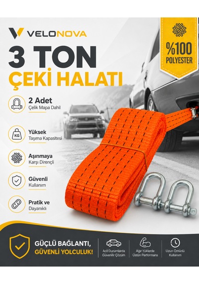3 Ton Kırmızı Çekme Halatı 3 Metre 5 Cm Genişlik 2 Adet Çelik Mapa Dahil %100 Polyester Araç Kurtarma Halatı