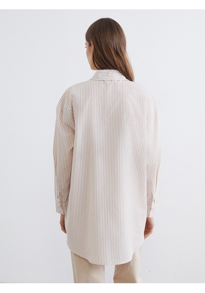 Lc Waikiki Lc Waıkıkı Bej Çizgili Oversize Poplin Kadın Gömlek Tunik