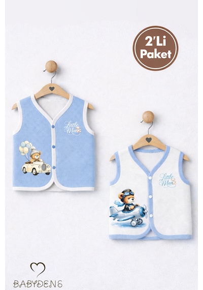 Babyden's 2 Li Erkek Bebek Yelek Pamuklu Jakarlı Çıtçıtlı Bebek Yeleği Ayıcık Baskılı Bebek Yelek Seti 0-9 Ay Ekru - Mavi