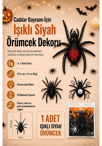 Işıklı Siyah Örümcek Dekoru Halloween Cadılar Bayramı Parti Malzemesi 27,5 X 17 Cm