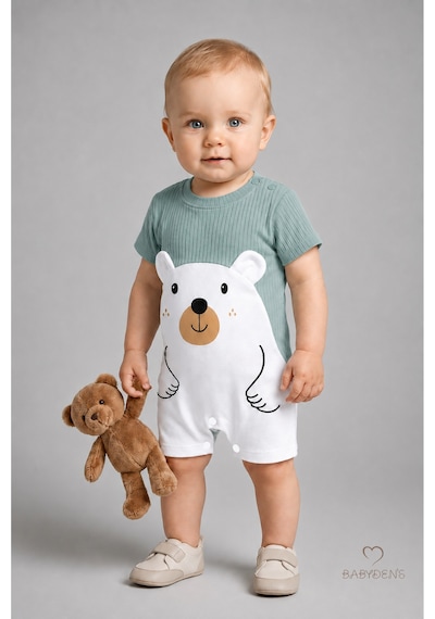 Babyden's Erkek Bebek Ayıcık Baskılı Kısa Kollu %100 Pamuk Yazlık Bebek Tulumu Yenidoğan Günlük Tulum 0-9 Ay Haki - Yeşil