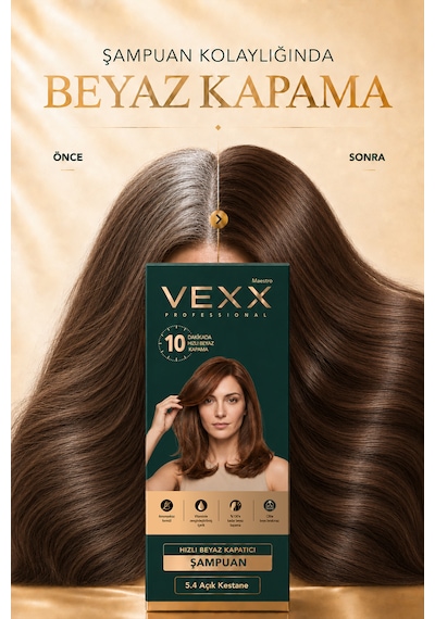 Vexx Professional Beyaz Kapatıcı Pratik Boya Şampuan Açık Kestane 5.4 Amonyaksız Formül 300 Ml.