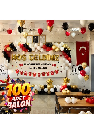 100 Adet Balonlu Sınıf Süsleme Seti Gold Folyo Harfler Beyaz Kırmızı Siyah Gold Balonlar Okul Sınıf Pano Süsleme İlköğretim Haftası Kutlama 100 Balonlu Set