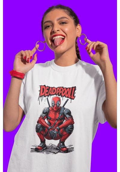 Deadpool Süper Kahraman Baskılı Unisex Oversize Film Kahramanı Ti Beyaz