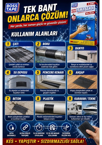 Ultra Güçlü Yama Bandı Çatlak, Delik Ve Su Kaçaklarına Kalıcı Çözüm 4 Adet