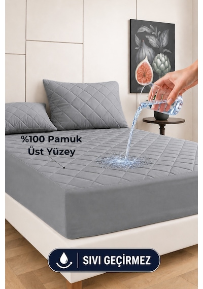 Formeya %100 Pamuk Renkli Kapitone Sıvı Geçirmez Alez Çarşaf - Gri
