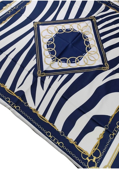 Mim Eşarp Vesi Eşarp Zincir Desenli Sport Twill Eşarp 120x120 Cm Lacivert - Beyaz - Gold