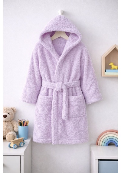 Luna Soft Kız / Erkek Çocuk Kapşonlu Wellsoft Bornoz Peluş Sabahlık Lila Lila