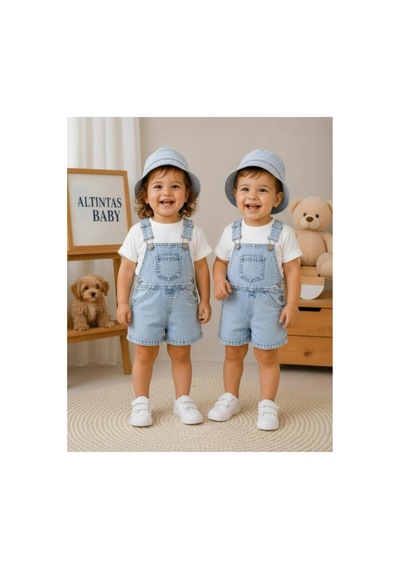 Altıntaş Baby Kot Kumaş Şapkalı Salopet Ve Tişört Set Mavi Mavi