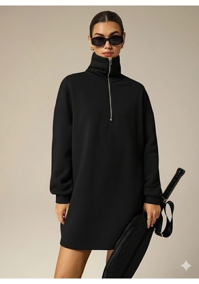 Afri 3 İplik Şardonlu Siyah Oversize Fermuarlı Tunik Sweatshirt - Günlük Spor Elbise Siyah