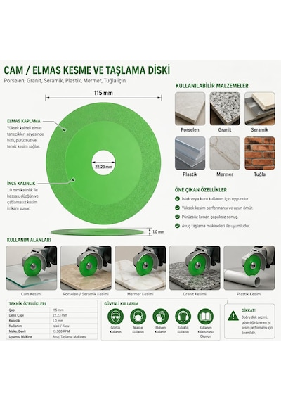 Cam/elmas Kesme Ve Taşlama Diski, Yeşil, 115x22.23 Mm, 1.0 Mm Kalınlık, Porselen, Granit, Seramik,plastik,mermer, Tuğla İçin