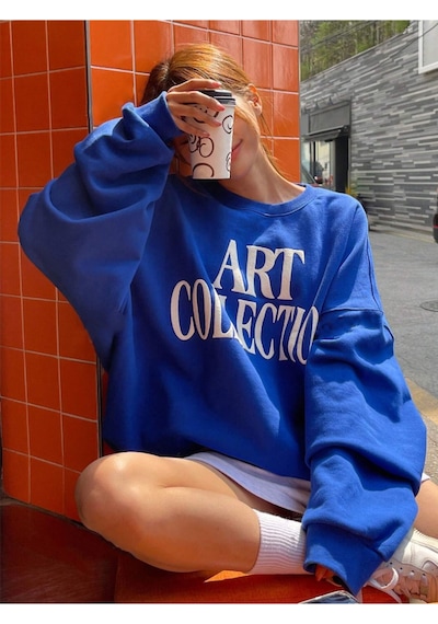 Startmore Mavi Kadın Art Collectıon Daısy Özel Renkli Oversize Bisiklet Yaka Pamuklu