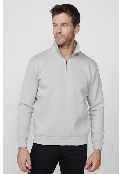 Tudors Pamuklu Dik Yaka Fermuarlı Taş Unisex Sweatshirt-29416-taş Taş